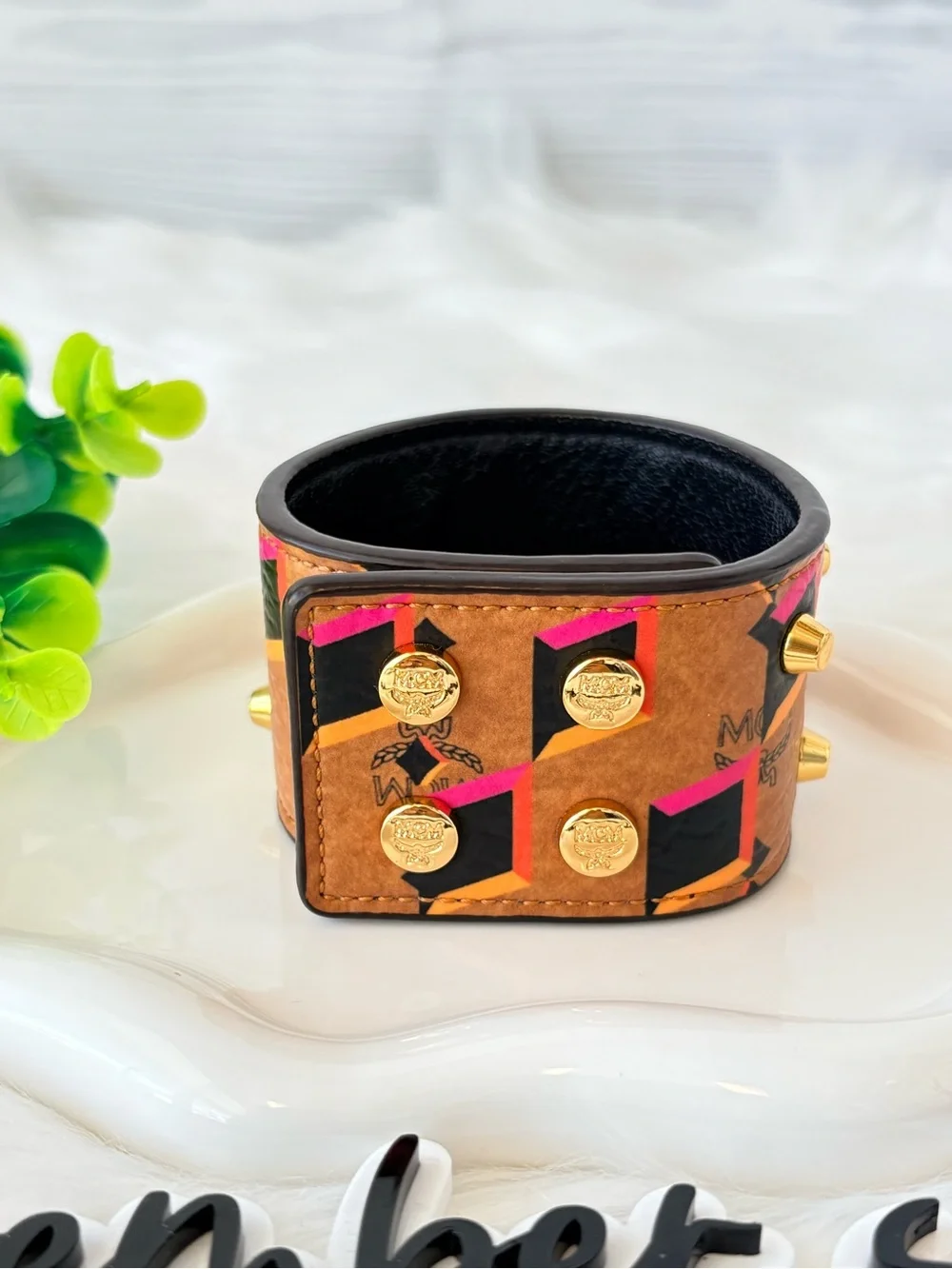 MCM Cognac Visetos Geometric Studded Leather Cuff with Pink & Black Accents
